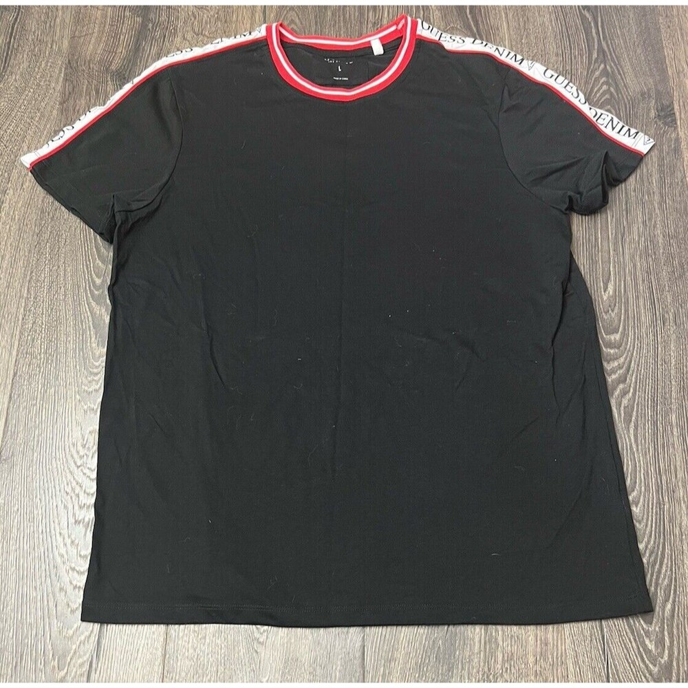 Guess Men's Logo Tape Tee Size L Black Red Accent Short Sleeve